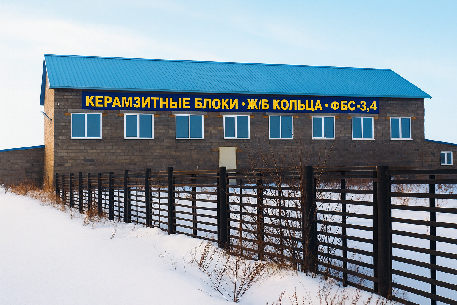 Цех ЖБИ с вывеской продукции